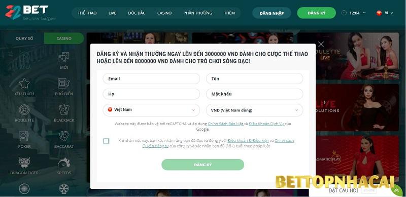 Các bước đăng ký tài khoản tại nhà cái 22Bet