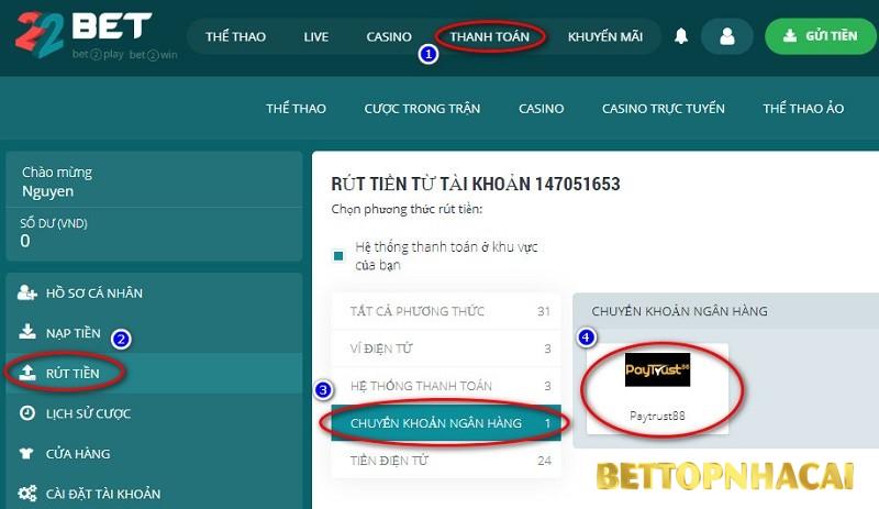 Làm sao để rút tiền về tài khoản khi cá cược tại 22Bet ?