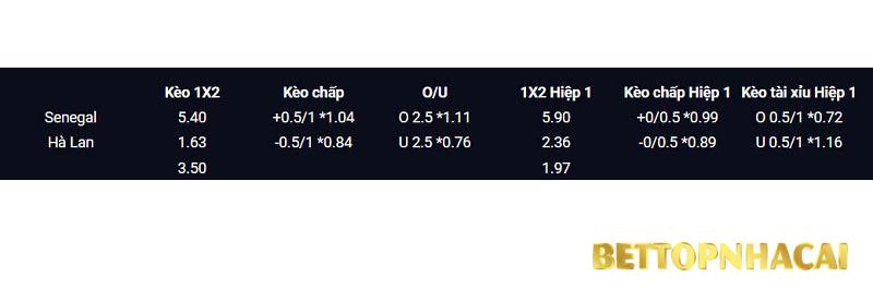 Tỉ lệ kèo trận bóng đá Senegal vs Hà Lan